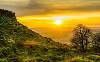 Картинка солнце, закат, долина, горы, HDR, Шотландия