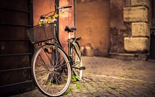 Обои велосипед, стена, корзина, цветы, брусчатка, дорога