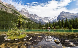 Картинка лес, небо, озеро, деревья, скалы, камни, облака, горы