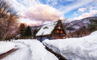 Картинка зима, снег, Япония, дом, деревня