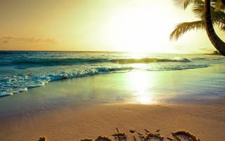 Обои tropical, пляж, paradise, sunset, emerald, sea, blue, море, vacation, океан, ocean, берег, sand, песок, закат, palm, beach, тропики, солнце, coast, summer