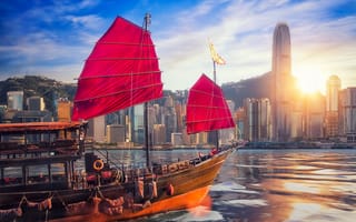 Картинка гавань, Гонконг, корабль, China, здания, Бухта Виктория, Китай, небоскрёбы, Hong Kong, джонка, Victoria Harbour