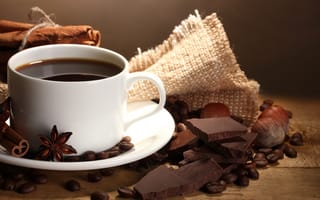 Обои анис, орехи, зерна, coffee, чашка, корица, кофе, шоколад, пряности