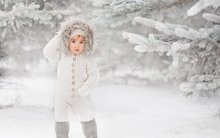 Картинка зима, комбинезон, мальчик, капюшон, ели, ребёнок, ветки, снег