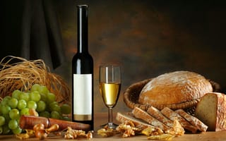 Картинка бутылка, хлеб, белое, листья, вино, виноград, бокал