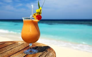 Картинка море, пляж, бокал, солнце, пейзаж, стол, горизонт, небо