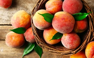 Картинка персики, листья, фрукт, корзина