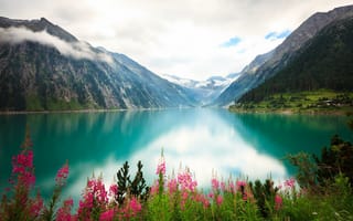 Картинка озеро, облака, река, берег, горы, цветы