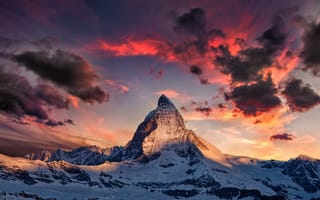 Картинка гора, рассвет, зима, снег, пейзаж, Альпы