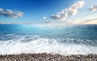 Картинка море, волны, галька, blue, камни, берег, sea, sky, beach, небо, пляж, seascape