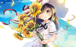 Картинка цветы, аниме, подсолнухи, девочка