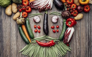 Картинка креатив, стол, перец, лук, баклажаны, горошек, портрет, овощи