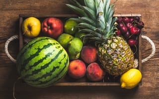 Картинка вишня, лимон, персики, арбуз, яблоки, ящик, фрукты, ананас