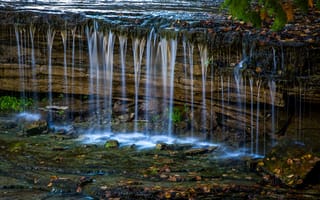 Картинка поток, водопад, листья, осень, ручей, камни
