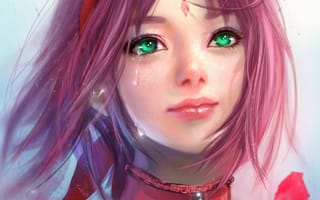 Картинка Naruto, розовые волосы, RikaMello, Sakura Haruno, слеза, лепестки, девушка, арт