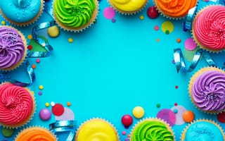 Картинка rainbow, cream, Happy Birthday, кексы, decoration, День Рождения, свечи, крем, candle, cupcake, cake, colorful, celebration, colours
