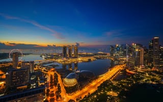 Картинка Сингапур, fountains, lights, blue, night, ночь, мегаполис, архитектура, небоскребы, огни