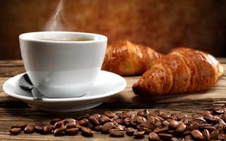 Обои coffee, breakfast, чашка, croissant, завтрак, круассаны, горячий, кофе, cup, beans