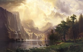 Картинка Бирштадт, горы, озеро, олени, лес, пейзаж, водопад, небо