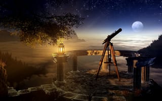 Обои дерево, телескоп, ночь, лампа, луна, залив, skygazing, ветвь, трава, звёзды, небо