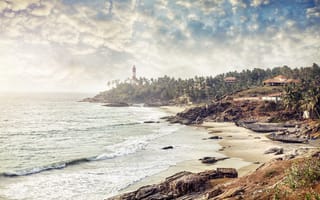 Картинка Индия, море, песок, берег, маяк, деревья, утро, прибой