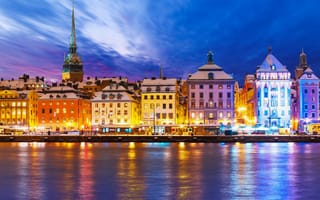 Картинка Stockholm, набережная, ночной город, здания, Sweden, Швеция, Стокгольм