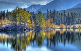 Картинка canmore, Альберта, осень, Канмор, озеро, отражение, alberta, деревья, небо, горы, Канада