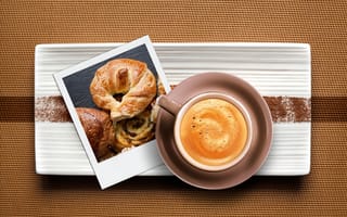 Картинка кофе, чашка, круассан, напиток, капучино, фотографии, вид сверху