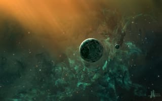 Картинка JoeJesus, туманность, планеты, лучи, звёзды, космос