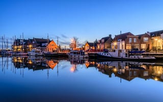 Картинка гавань, ночь, лодка, огни, дома, яхта, Oude-Tonge, Нидерланды