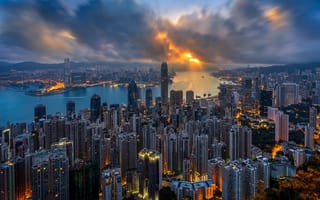 Картинка Hong Kong, Sunset, Sea, City, Sky, Clouds