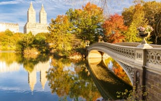 Картинка США, Центральный парк, озеро, Нью-Йорк, осень, мост