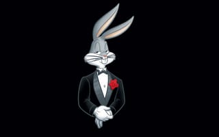 Картинка Looney Tunes, черный фон, багз банни, цветок, смокинг, минимализм, bugs bunny, Луни Тюнз, Весёлые мелодии, кролик