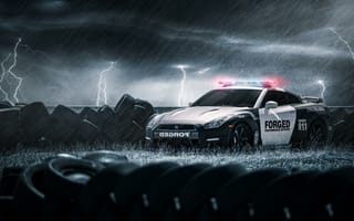 Картинка Nissan, police, ниссан, полиция, молнии, black, GT-R, покрышки, дождь, шины