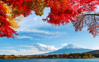 Картинка озеро, листья, осень, япония, снег, небо, облака, гора, деревья, фудзияма