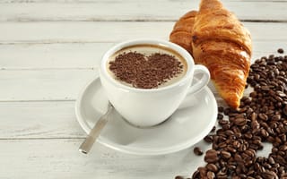 Картинка coffee, круассан, cup, love, heart, breakfast, croissant, завтрак, кофе, beans