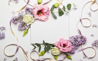Картинка цветы, лента, beautiful, композиция, frame, flowers, pink, wood