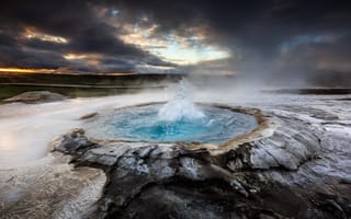 Картинка Исландия, вода, природа, гейзер, ледник, небо, вулкан, закат