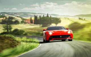 Картинка F12, red, берлинетта, Ferrari, красная, феррари, холмы, front, Berlinetta