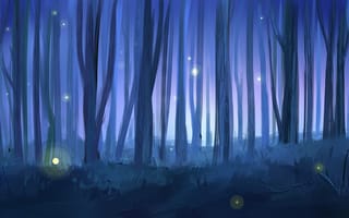 Картинка арт, ночь, лес, деревья, нарисованный пейзаж, светлячки