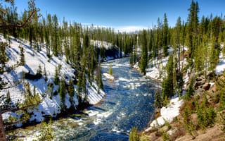 Обои Yellowstone National Park, деревья, снег, сша, река, лес, небо, зима, облака