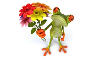 Картинка frog, 3d, funny, flowers, лягушка