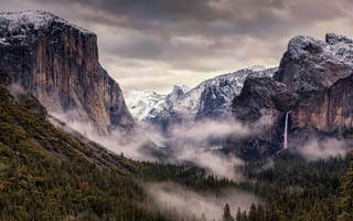 Картинка США, лес, Калифорния, небо, Национальный парк Йосемити, облака, горы
