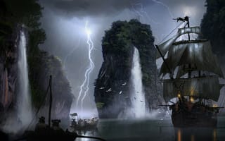 Картинка паруса, пираты, арт, корабль, водопад, молния, лодка