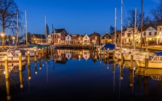 Картинка гавань, яхты, Мидделхарнис, Нидерланды, отражение, огни, ночь, дома, лодки