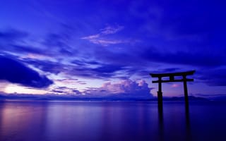 Картинка ворота, океан, тории, Япония, облака, Japan, небо, пейзаж