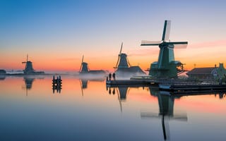 Картинка Голландия, вечер, закат, канал, Zaanse Schans, мельницы, Нидерланды