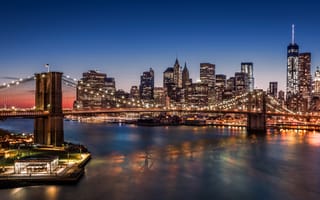 Картинка Brooklyn Bridge, USA, Manhattan, city, skyscrapers, night, New York, lights, harbour