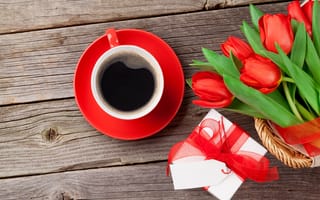 Картинка любовь, cup, тюльпаны, coffee, love, Valentine's Day, romantic, букет, цветы, gift, подарок, tulips, чашка, кофе, red