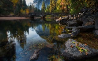 Картинка природа, мост, осень, река, деревья, лес